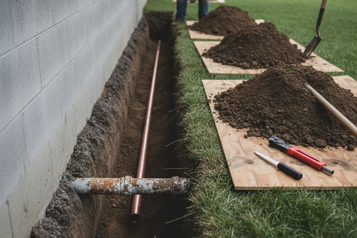 Excavated water line trench during Water Softener Installation in Luther